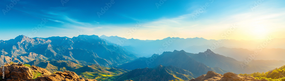 Breathtaking panoramic view of majestic mountains under a vibrant sky at sunset. Breathtaking panoramic view of majestic mountains under a vibrant sky at sunset.