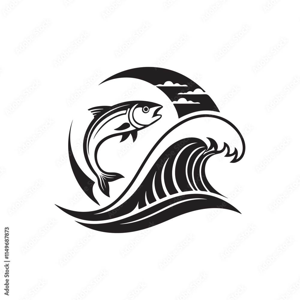 fish and wave silhouette vector line art logo