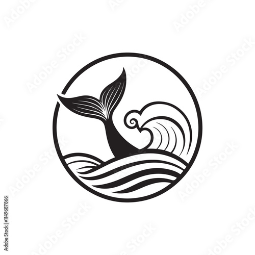 fish and wave silhouette vector line art logo
