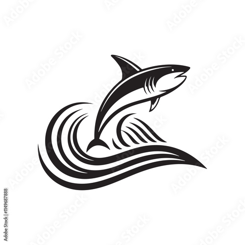 shark and wave silhouette vector line art logo