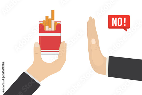 Hand giving cigarettes pack, second hand in stop gesture. Stop smoking. Tobacco abuse, no smoking concept. Reject cigarette offer. Guy overcome nicotine addiction and quit smoking