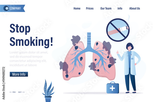 Unhealthy lungs damaged by smoking banner. Stop smoking, landing page. World no tobacco day. Doctor warning about smoking is harmful to human organs.