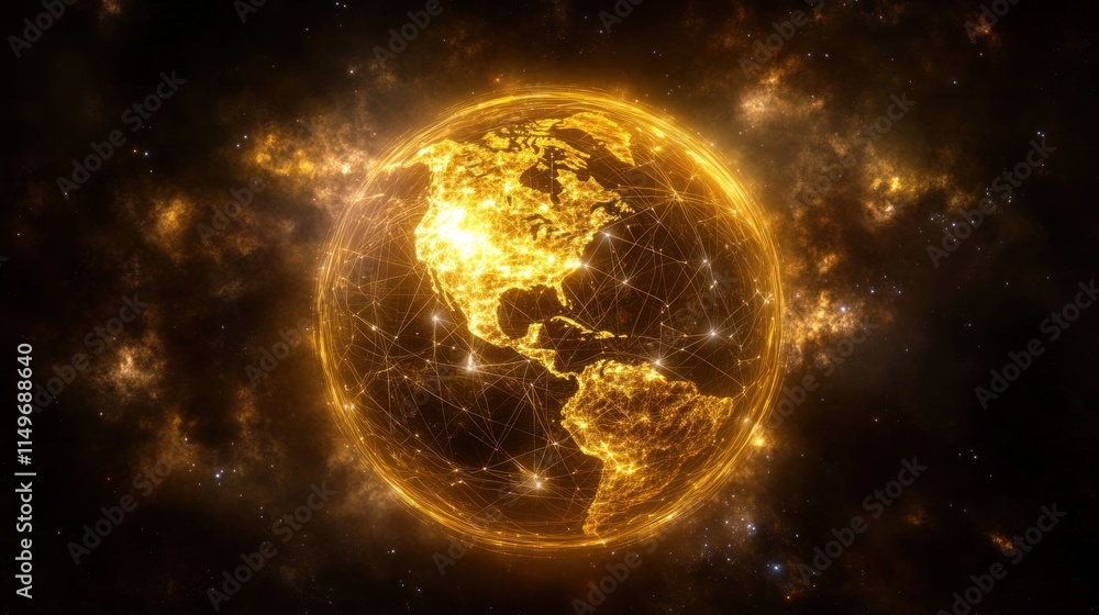 Obraz premium Golden glowing earth with network connections in space.