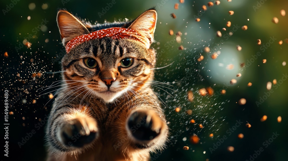 A playful cat with a headband reaches out, surrounded by floating particles, exuding a lively and fun atmosphere. A playful cat with a headband reaches out, surrounded by floating particles, exuding a lively and fun atmosphere.