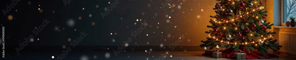 Fototapeta premium A dark room filled with gold lights and decorations on a Christmas tree in the corner, with a few snowflakes falling from the ceiling, gold lights, festive atmosphere, dark room