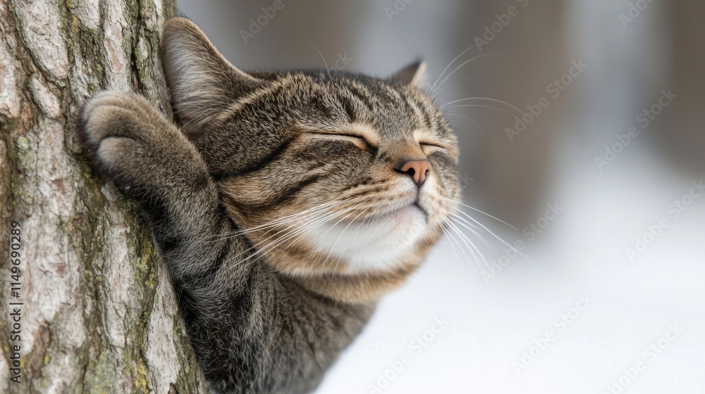 Obraz premium A relaxed cat enjoys a cozy moment while resting against a tree trunk, exuding tranquility in a snowy environment.
