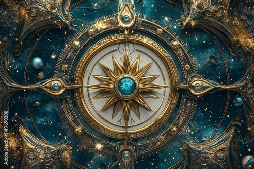 Intricate cosmic compass artwork  a celestial guide of spiritual exploration in fantasy style photo