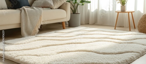 Ivory white plush carpet with subtle wave patterns, ultra-soft and thick material 