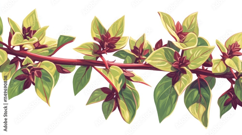 Obraz premium Colorful plant branch with variegated leaves and buds.