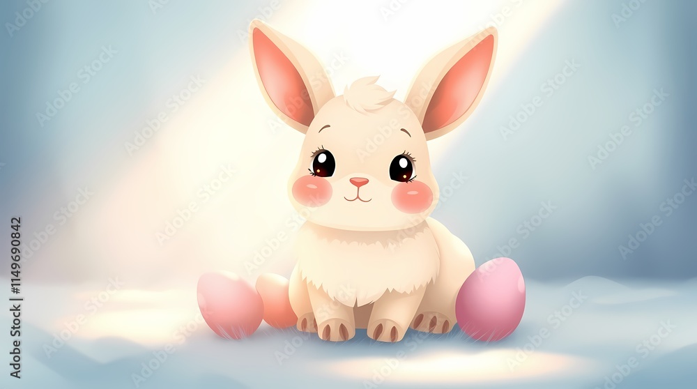 Fototapeta premium Easter Bunny with Eggs: A delightful illustration of a fluffy white bunny with pink ears, sitting on a cloud with pink Easter eggs. The bunny's big.