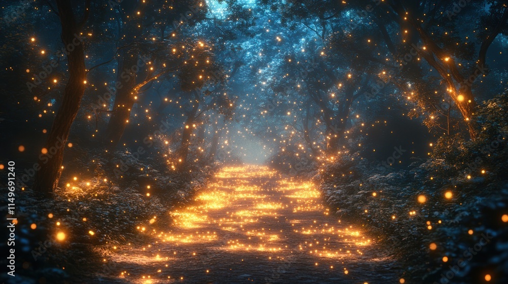 Naklejka premium Enchanted forest path, glowing lights, magical night.