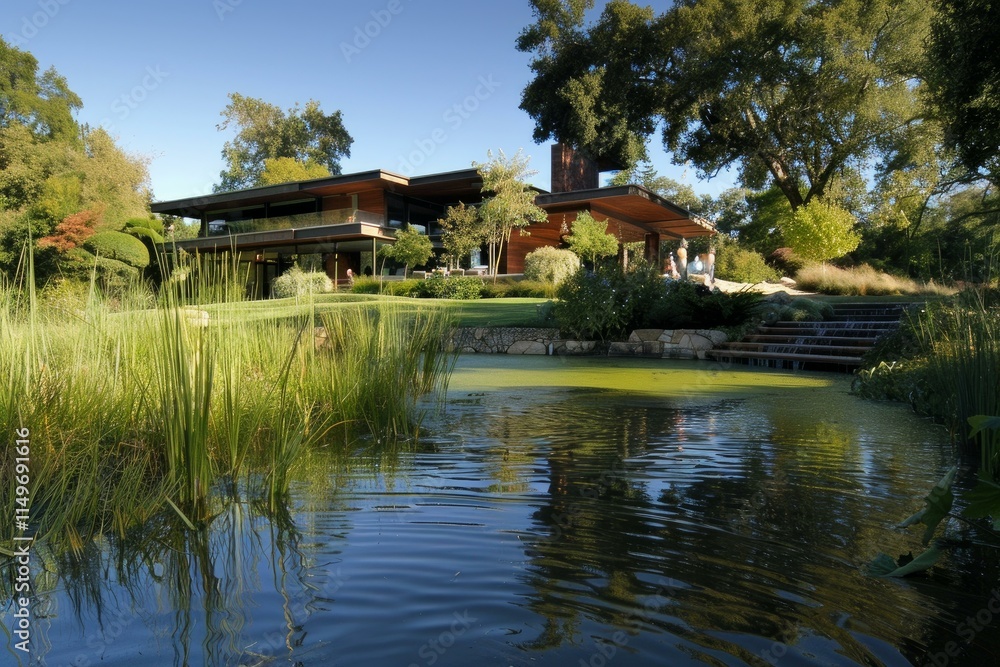 Tranquil pond reflecting a modern luxury home nestled within a beautifully landscaped garden, showcasing sustainable design and natural beauty Tranquil pond reflecting a modern luxury home nestled within a beautifully landscaped garden, showcasing sustainable design and natural beauty