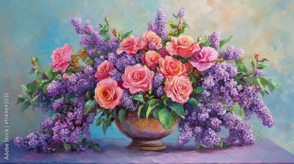 Fototapeta premium A cheerful spring floral arrangement featuring pink roses and purple lilacs in vibrant, uplifting colors.