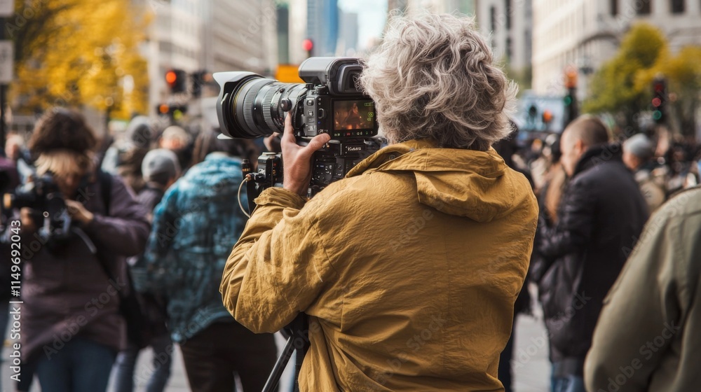 Photographer capturing moments during a busy street event in an urban setting on a clear day Photographer capturing moments during a busy street event in an urban setting on a clear day