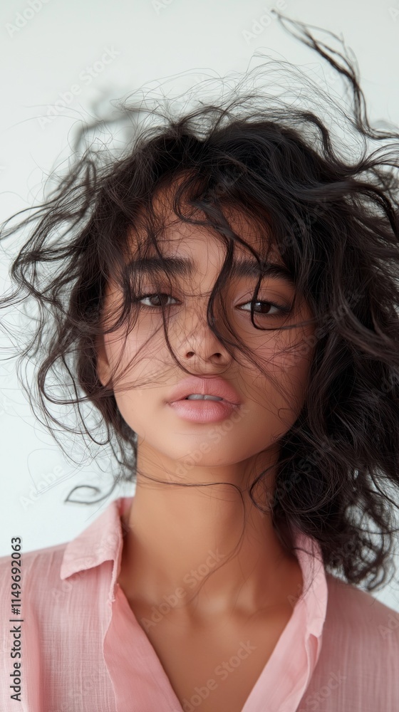 A young Indian woman with vibrant curly hair stands confidently, her natural beauty radiating in a soft atmosphere. The gentle play of light accentuates her features A young Indian woman with vibrant curly hair stands confidently, her natural beauty radiating in a soft atmosphere. The gentle play of light accentuates her features