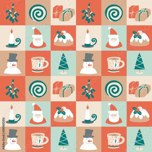 Christmas Collection Patchwork Seamless Pattern of Square Tiles. Collection of Festive Elements Santa, Hat, Christmas Tree, Gift, Candle, Tea, Mistletoe, Snowman, Panettone.