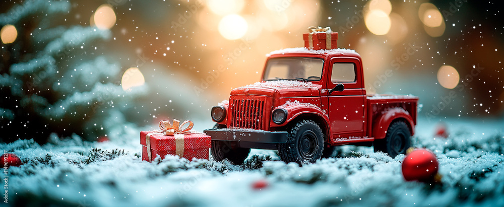 A red toy truck carrying a wrapped gift. A red toy truck carrying a wrapped gift.