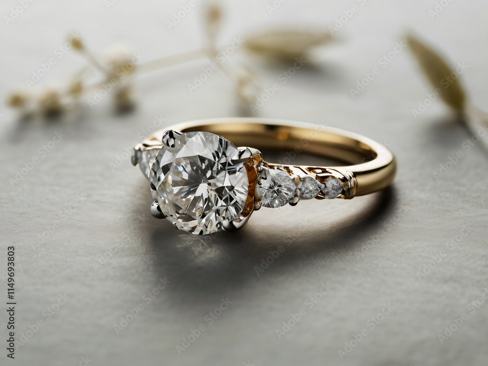 An elegant diamond engagement ring with a prominent solitaire, set on a slender gold band. An elegant diamond engagement ring with a prominent solitaire, set on a slender gold band.