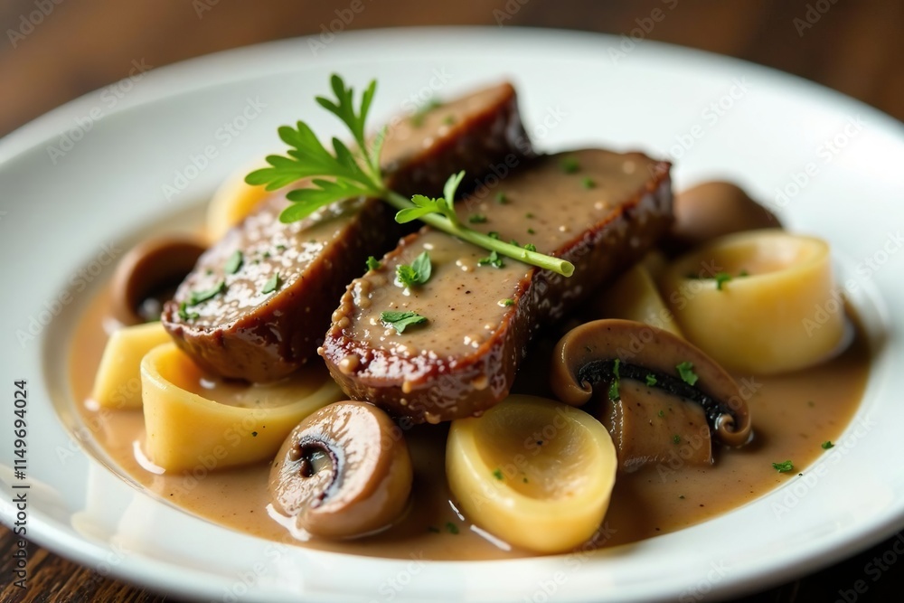 A detailed shot of the tender beef strips and saut?ed mushrooms in a creamy mushroom sauce served on a white plate, mushrooms, mushroom sauce, white plate A detailed shot of the tender beef strips and saut?ed mushrooms in a creamy mushroom sauce served on a white plate, mushrooms, mushroom sauce, white plate