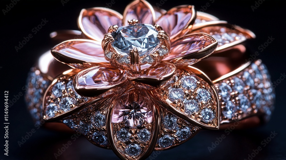 Obraz premium Rose gold ring with shimmering diamonds and intricate flower design.