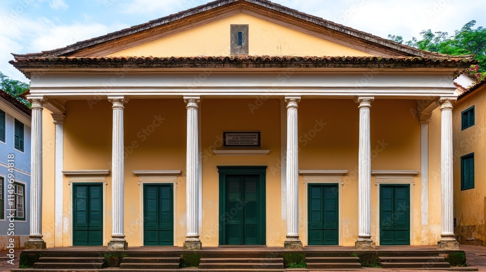 Classical yellow building with six white columns and green doors. Classical yellow building with six white columns and green doors.