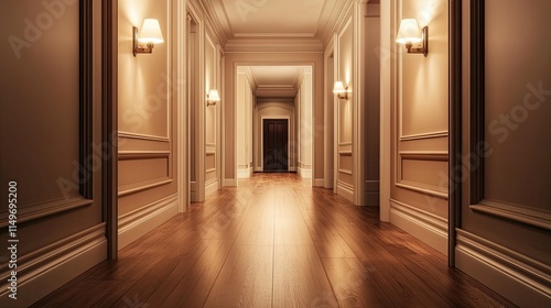 Elegant corridor with wooden floor and soft wall lighting photo