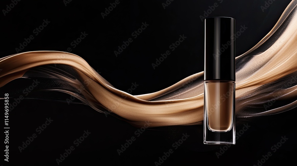 Naklejka premium Artistic shot of a foundation concealer bottle with liquid foundation swirling dynamically around it.