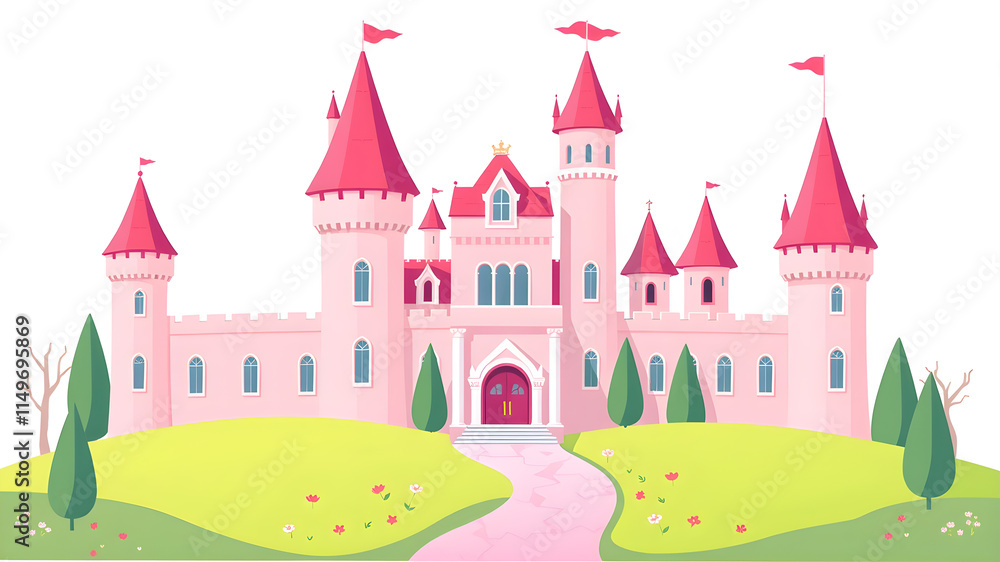 Fototapeta premium Pink castle flat design vector illustration, beautiful fairytale castle clip art image, magical princess castle vector clipart, isolated on white background. Generative AI