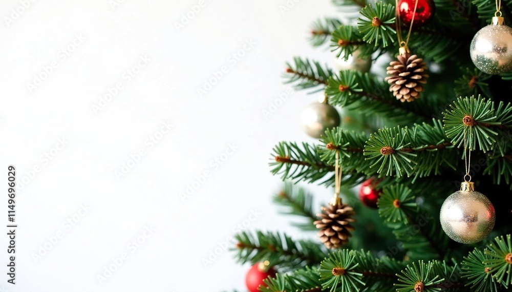 A fir tree with a white background, decorated with greenery, balls, and ornaments, festive ornaments, pinecones, decorative branches A fir tree with a white background, decorated with greenery, balls, and ornaments, festive ornaments, pinecones, decorative branches