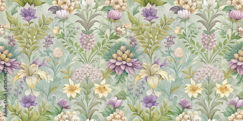 Beautiful floral wallpaper pattern featuring soft pastels and intricate designs.