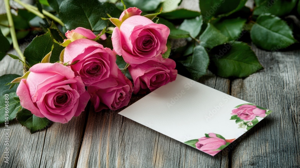 Blank white greeting card set alongside pink roses and a floral-decorated envelope on a bright wooden surface. Blank white greeting card set alongside pink roses and a floral-decorated envelope on a bright wooden surface.