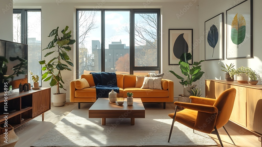 Modern living room with orange sofa, large windows, plants, and wooden furniture. Modern living room with orange sofa, large windows, plants, and wooden furniture.