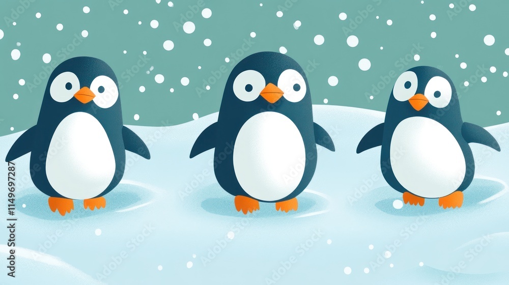 Obraz premium Three cute penguins standing on snow in winter.