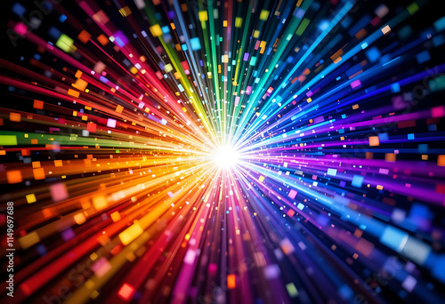 Vivid Burst of Radiant Multicolored Light Rays and Shimmering Particles
