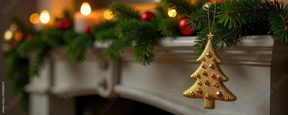 A gold Christmas tree ornament hangs from a branch on a mantle decorated with evergreen branches and red berries, decorations, cozy A gold Christmas tree ornament hangs from a branch on a mantle decorated with evergreen branches and red berries, decorations, cozy