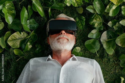 Senior man experiences virtual reality while lying on greenery during a sunny day in a tranquil garden setting photo