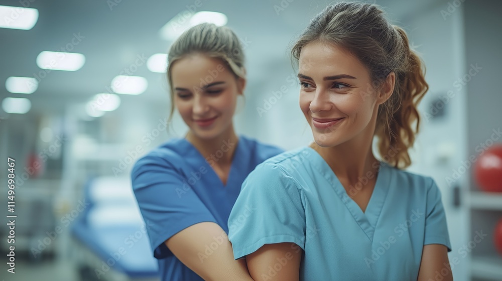 Two nurses in scrubs smiling, symbolizing teamwork and care in a hospital setting. Two nurses in scrubs smiling, symbolizing teamwork and care in a hospital setting.