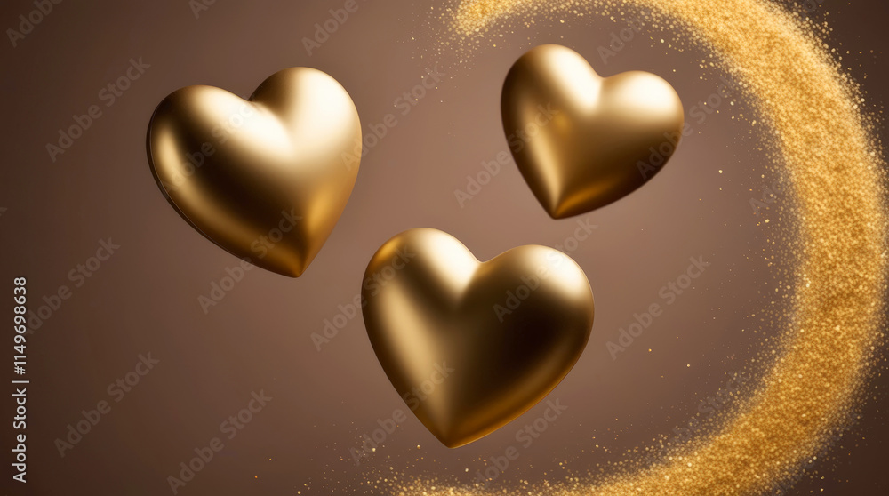 Golden hearts hovering with sparkling details on a mocha brown background for Valentine's Day Golden hearts hovering with sparkling details on a mocha brown background for Valentine's Day