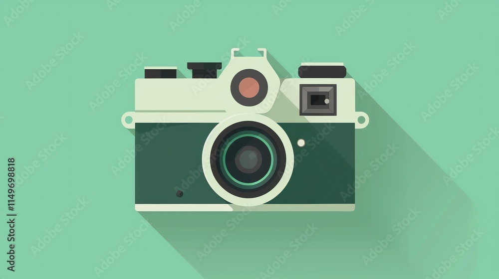 A flat illustration of a camera on a green background. A flat illustration of a camera on a green background.