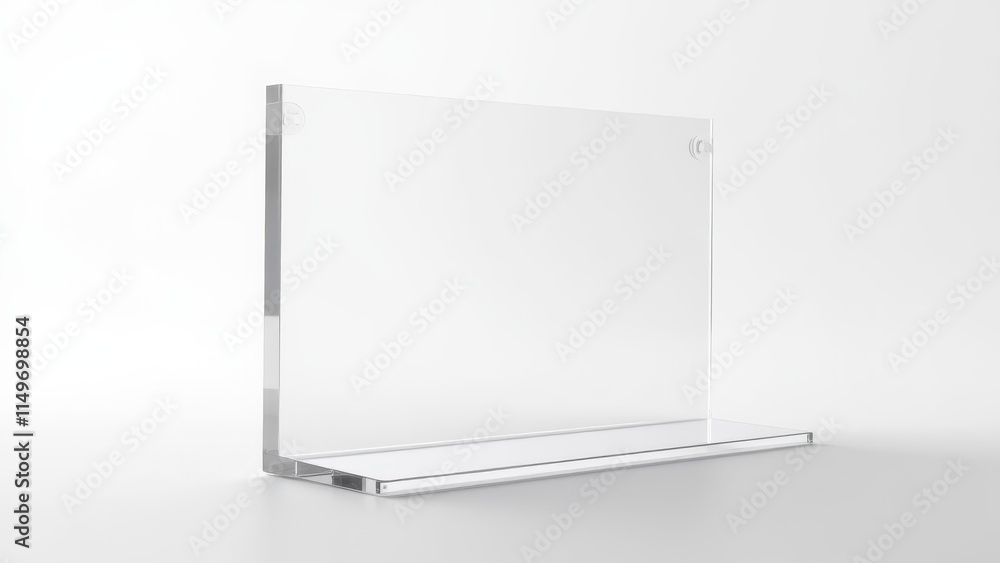 A photorealistic image of a clear acrylic sign holder on a pure white background, featuring polished edges and a modern, minimalist design illuminated by soft, even lighting. A photorealistic image of a clear acrylic sign holder on a pure white background, featuring polished edges and a modern, minimalist design illuminated by soft, even lighting.