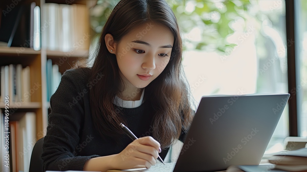 Young Woman Working on Laptop in Cozy Home Office Setting Young Woman Working on Laptop in Cozy Home Office Setting