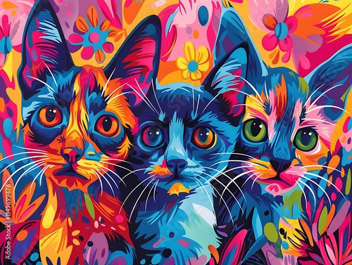 Colorful cats in vibrant floral art captivating illustration for pet lovers indoor whimsical style photo