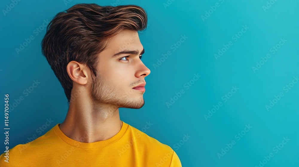 Young man with stylish hair posing against a vibrant blue background Young man with stylish hair posing against a vibrant blue background
