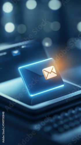 Digital email notification popping up on a laptop screen with a glowing envelope icon. photo