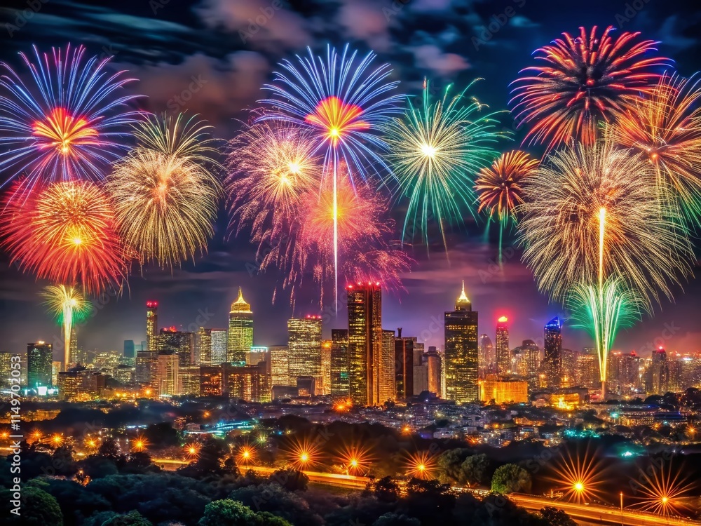 Obraz premium Stunning Panoramic Fireworks Display at Night Over City Skyline
