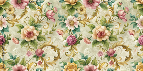 Elegant floral pattern featuring vibrant roses and delicate blossoms.