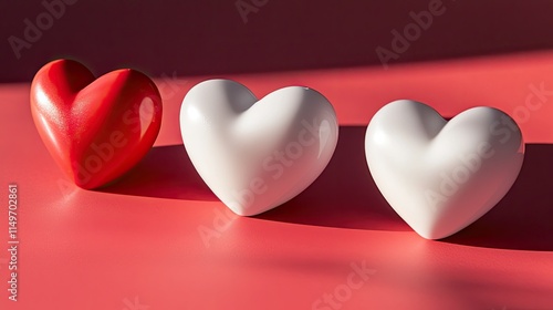 Floating heart shapes with gradient shadows on a clean Valentinebackground in red and white. photo