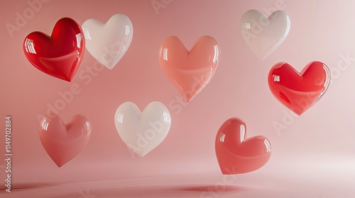 Floating heart shapes with gradient shadows on a clean Valentinebackground in red and white. photo