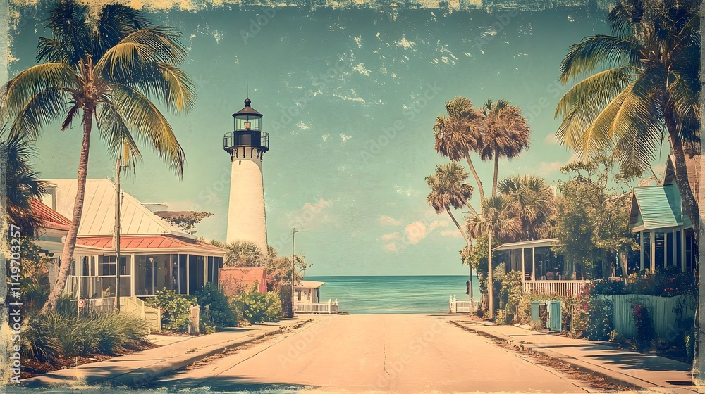 Obraz premium Coastal Town Street Scene Featuring a Lighthouse
