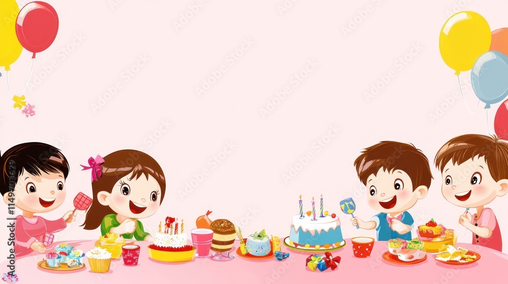 Happy children celebrating birthday with cake and sweets at party. Happy children celebrating birthday with cake and sweets at party.